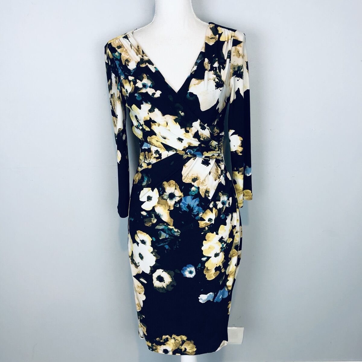 Lauren Ralph Lauren Black Yellow multi Floral Ruched Faux