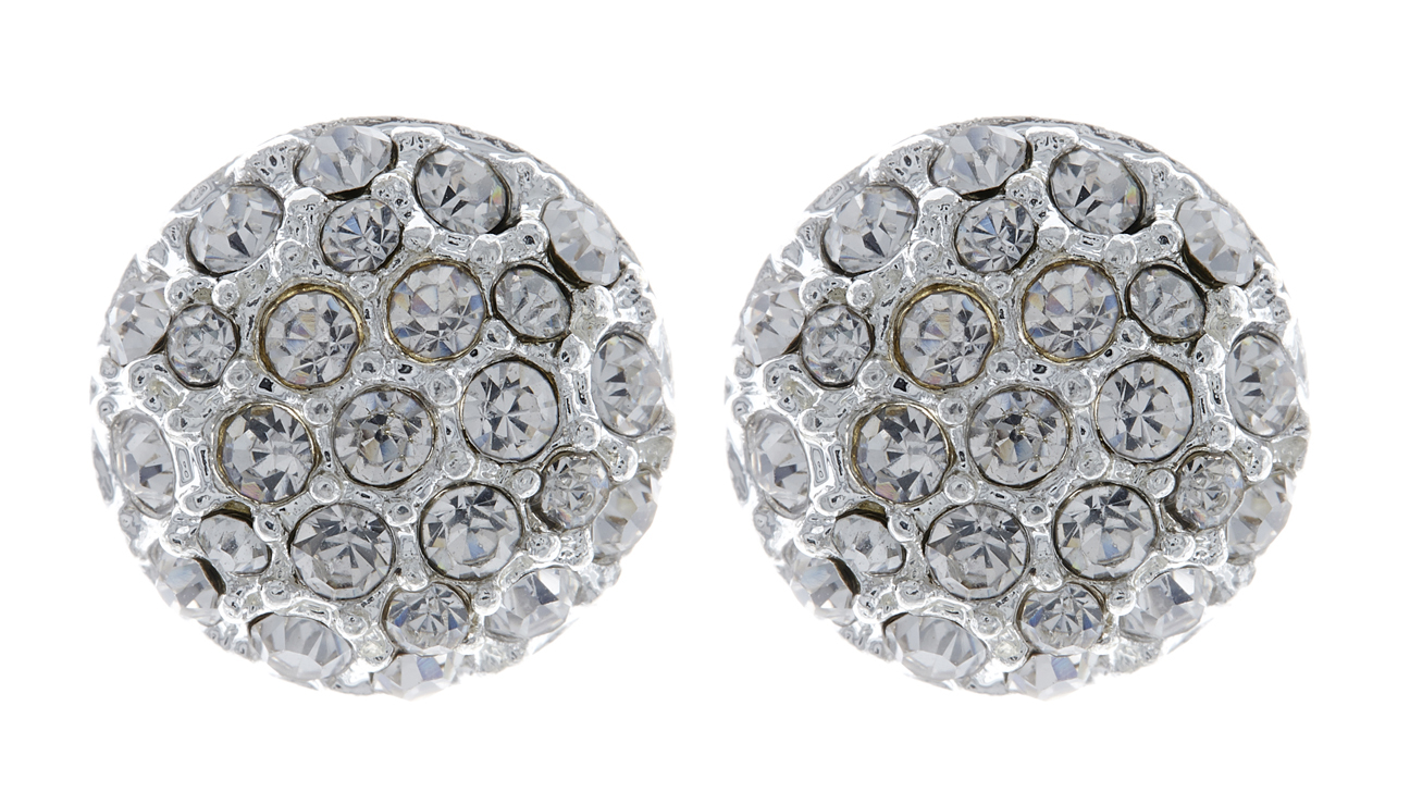 Silver Clip On Earrings round stud with clear diamante crystals - Ebony