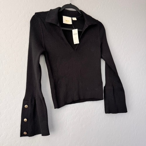 NWT Maeve Anthropologie Bell Sleeve Sweater Ribbed Knit Top Gold Button M Petite - Picture 2 of 7