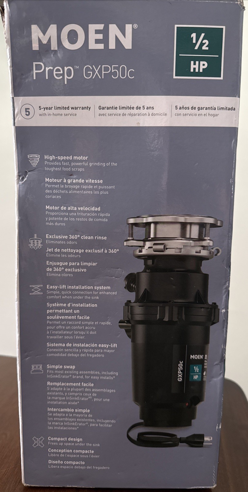 Moen GXP50C Prep Series 1/2 HP Garbage Disposal. NEW.open Box