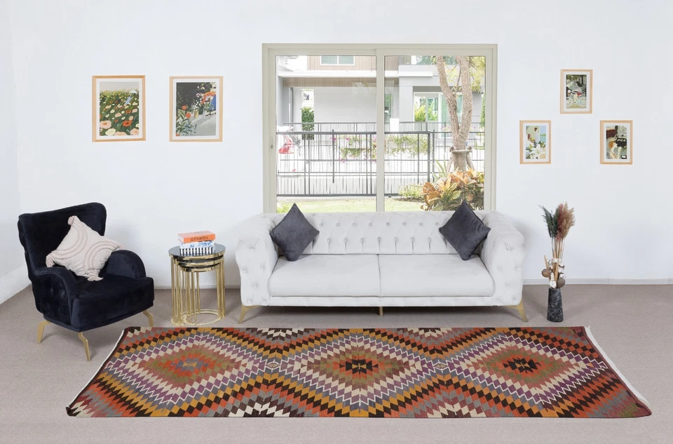 5x12.5 Ft Colorful Handmade Turkish Kilim, Vintage Diamond Design Runner Rug - Image 2 of 4