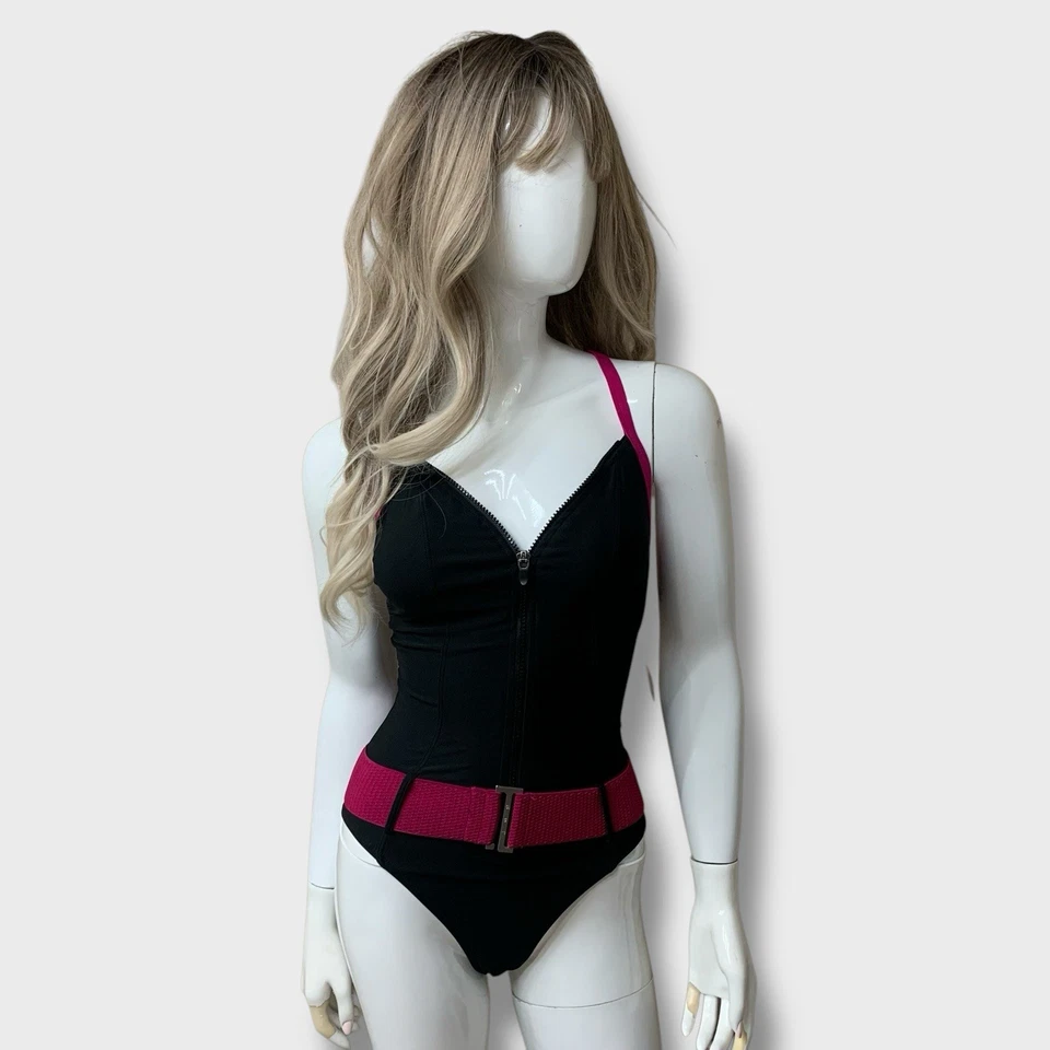 Vintage JAG One Piece Swimsuit Black Purple Belt Zip Front Sz 6 S Strappy Back - Image 2 of 4