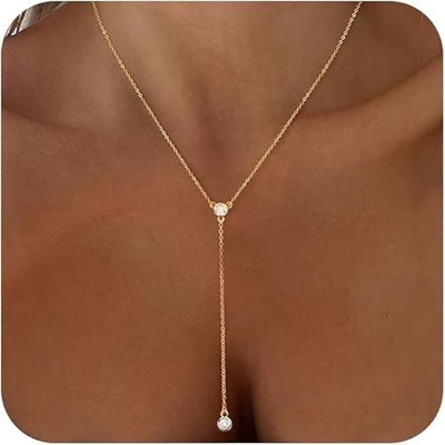 Y-Shaped Lariat Necklace For Women in 14K Yellow Gold Over with Diamond Drop 18''