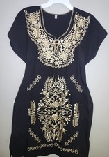 Mexican Women Black Gold Embroidered Tie Back Dress L/XL