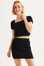 Freshman Crochet Flutter Sleeve Top  Mini Skirt Set Juniors' Size Medium Black