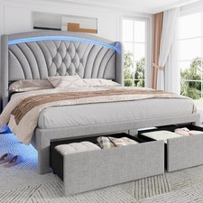 Upholstered Queen Size Bed Frame with 2 Storage Drawers Wingback Headboard LED