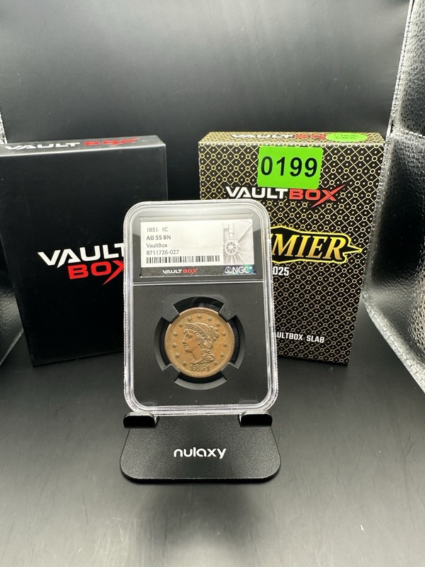 1851 Braided Hair Large Cent 1c NGC AU 55 BN VaultBox Premier Red Core Slab