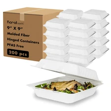 Karat Earth 9''x9'' Paper Hinged Containers, PFAS Free, Molded Fiber - 200 pcs