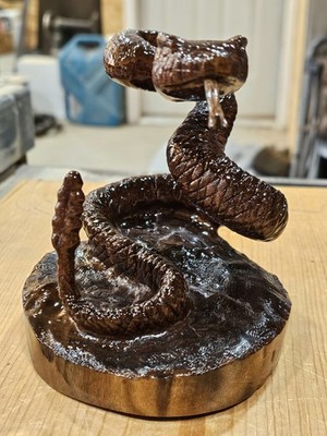 KC Signed Hand Carved Wood Snake Sculpture on Log Base, Painted Glossy 5in