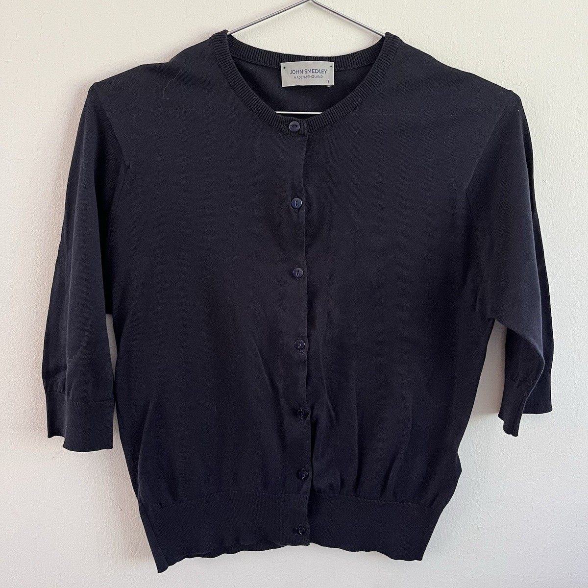 トップス JOHN SMEDLEY CARDIGAN Sea  Cotton John Smedley Navy Cardigan 3/4 Sleeve Sea Island Cotton Button