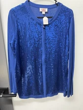 Ladies Quacker Factory Royal Blue Sequin Long Sleeve Zip Up Cardigan - Size M