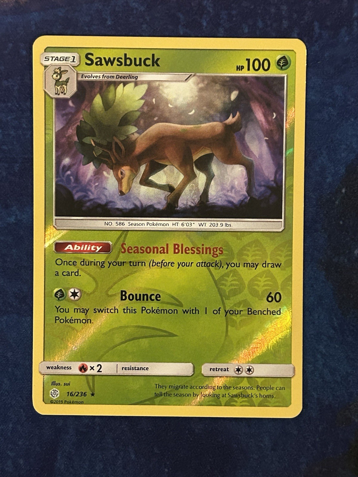 Pokémon Sawsbuck Reverse Holo Rare # 16/236 - SM - Cosmic Eclipse - LP