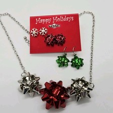 Christmas Bow Necklace  Earring Set Red  Silver tone 4 pc Holiday Jewelry