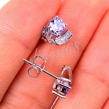 Classic Genuine 925 Sterling Silver Purple Crystal Heart Post Earrings R1049