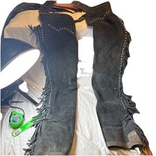Western VTG Black Suede Leather Chaps with fringe Adjustable Waist W/ Zipper Leg