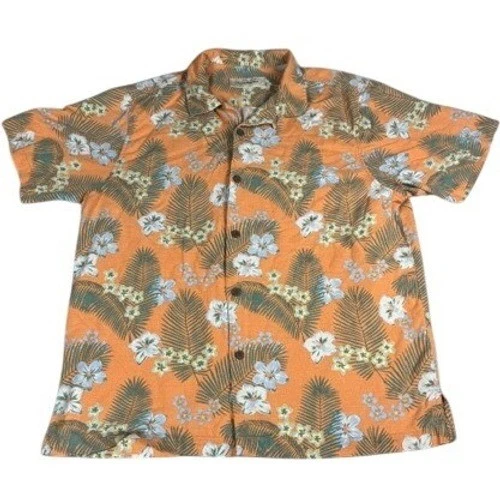 Tommy Bahama Shirt Mens Large Orange Silk Floral Tropical Palm Leaf Camp Aloha