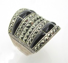 925 STERLING SILVER BLACK ONYX  MARCASITE WIDE BAND RING SIZE 8  10.1G
