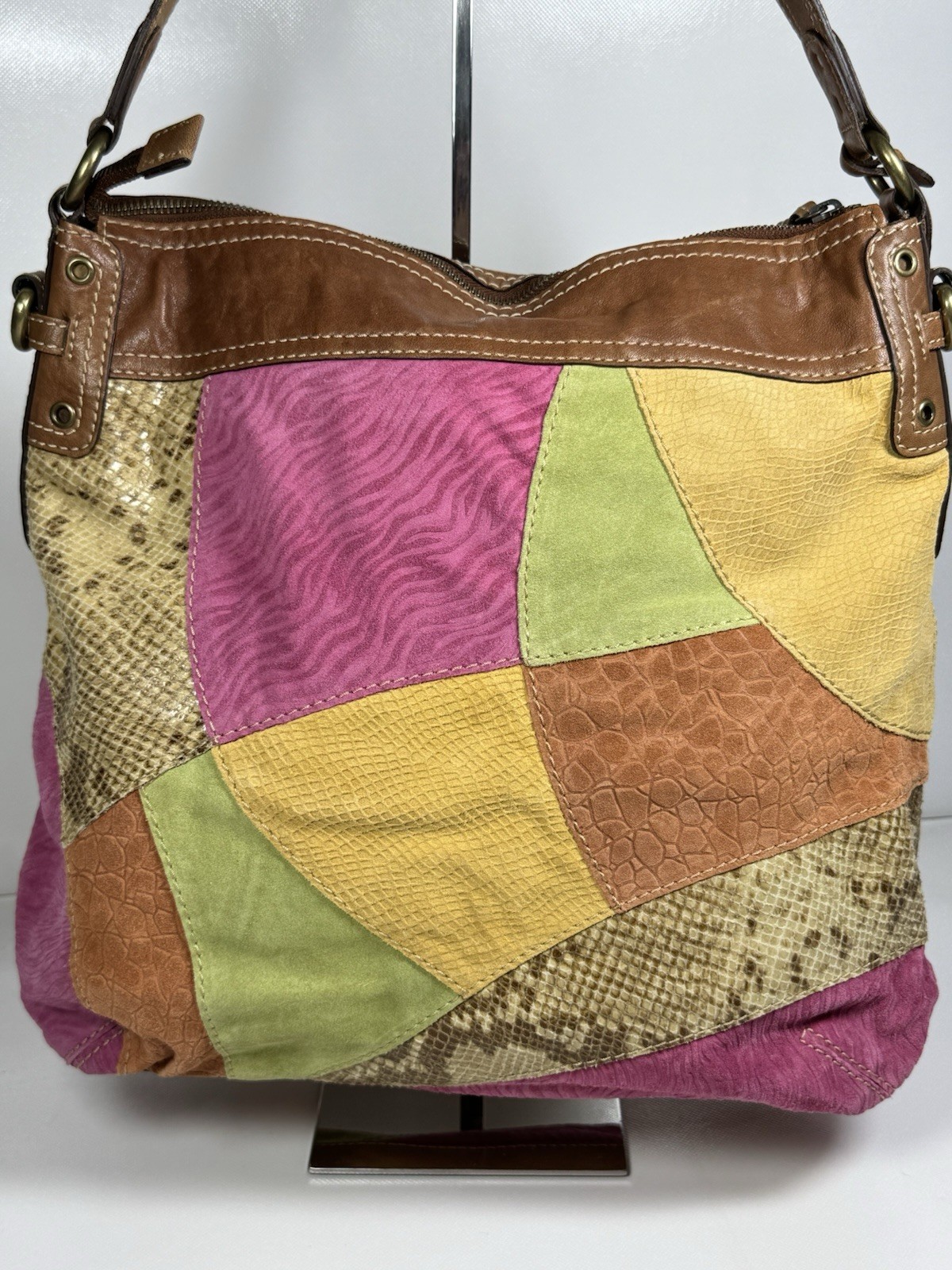 Fossil Patchwork Leather Shoulder Bag Boho Satche… - image 6