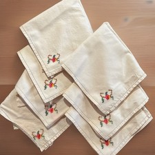 Vintage Hand Embroidered Napkins-7- White- Cross Stitch, Linen, Cotton- Cottage