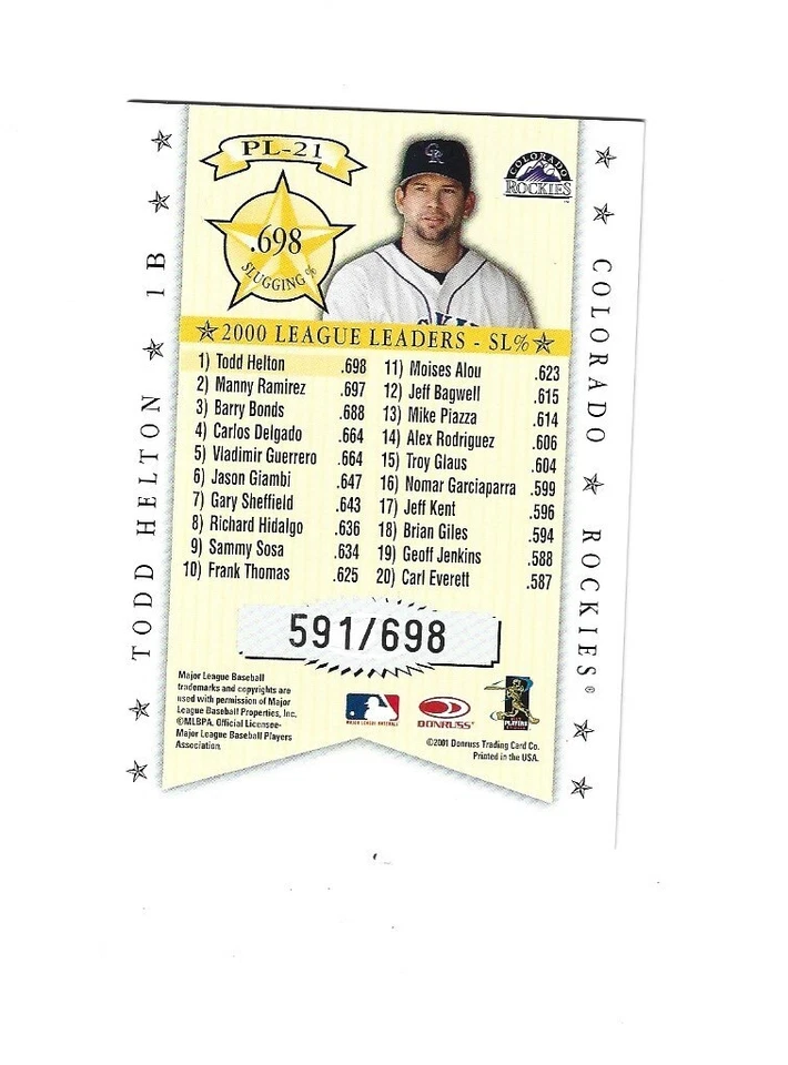 2001 Donruss Production Line #PL21 Todd Helton SLG /698 COLORADO  ROCKIES - Image 2 of 2
