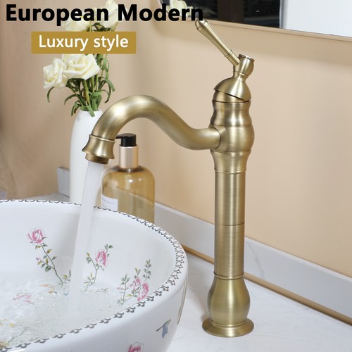 US Bathroom Vessel Sink Ceramic Round Flower Basin Antique Brass Drain Mixer Tap - Picture 6 of 9