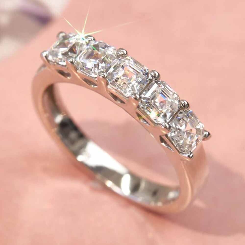 Asscher Moissanite Half Eternity Wedding Engagement Band 14K White Gold Plated