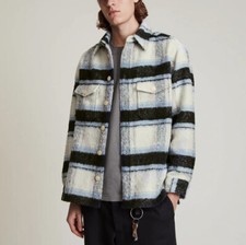 AllSaints Rayado Ecru Blue White Wool Blend Shirt Jacket Men's Large