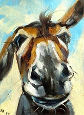 Original Oil Painting Funny Donkey Portrait Farm Animal Hand-Painted Artwork