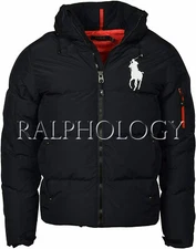 Polo Ralph Lauren Mens Black White Big Pony Hooded Down Puffer Jacket Coat NWT