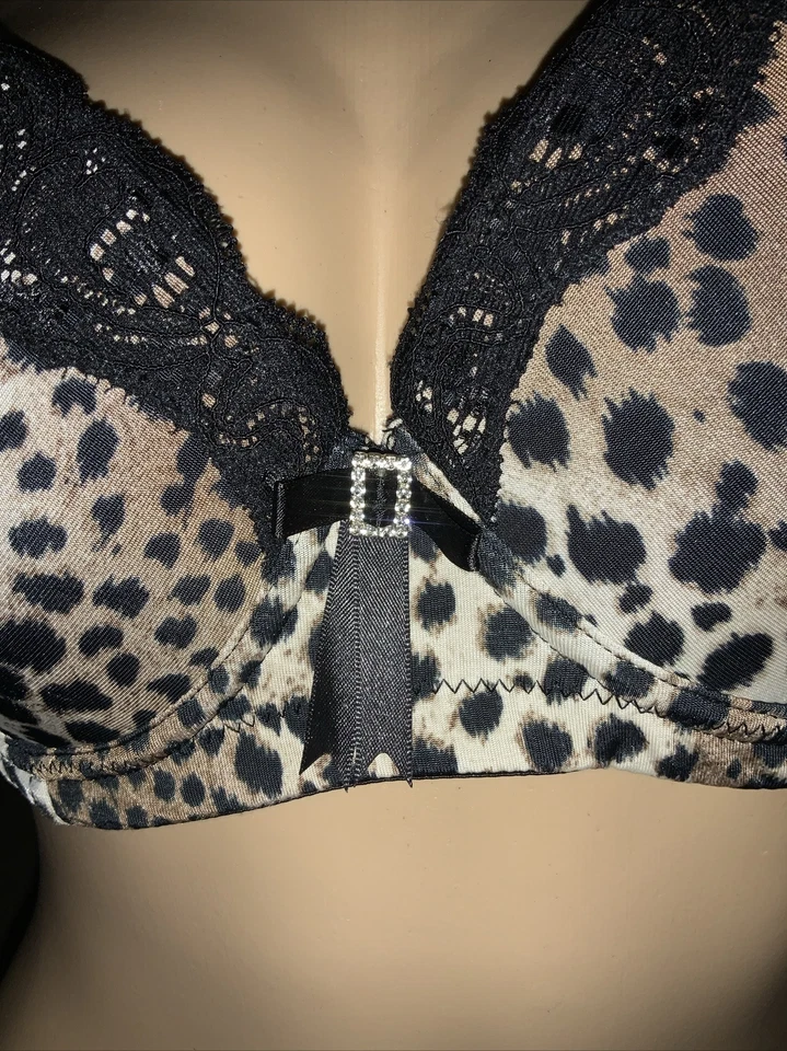 Vtg Sears Enchanting Full Figure Plunge RHINESTONE 38C Bra Animal Print UW NWT - Image 2 of 4