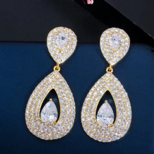 Fancy Gold Plated Water Drop Wedding Dangle Earrings Cubic Zirconia Jewelry Gift