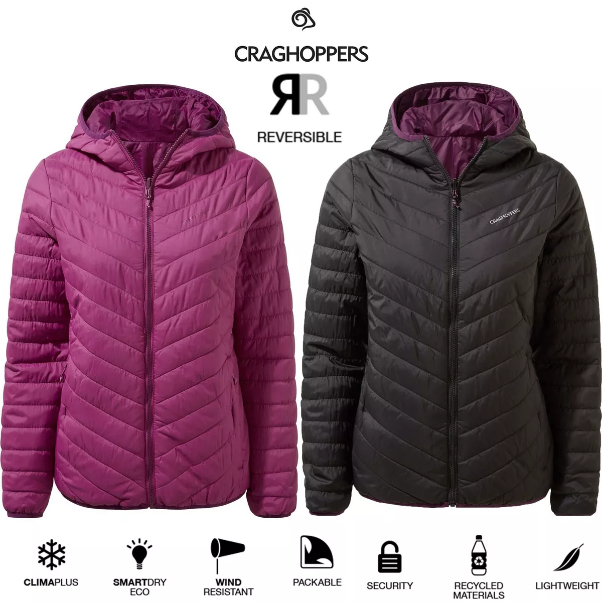 Craghoppers Womens Compresslite V Reversible Packaway Lightweight Hooded  Jacket