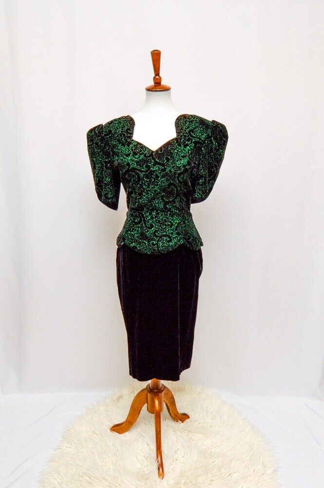 Vintage Scott McClintock velvet dress green/black M/L women's 80s