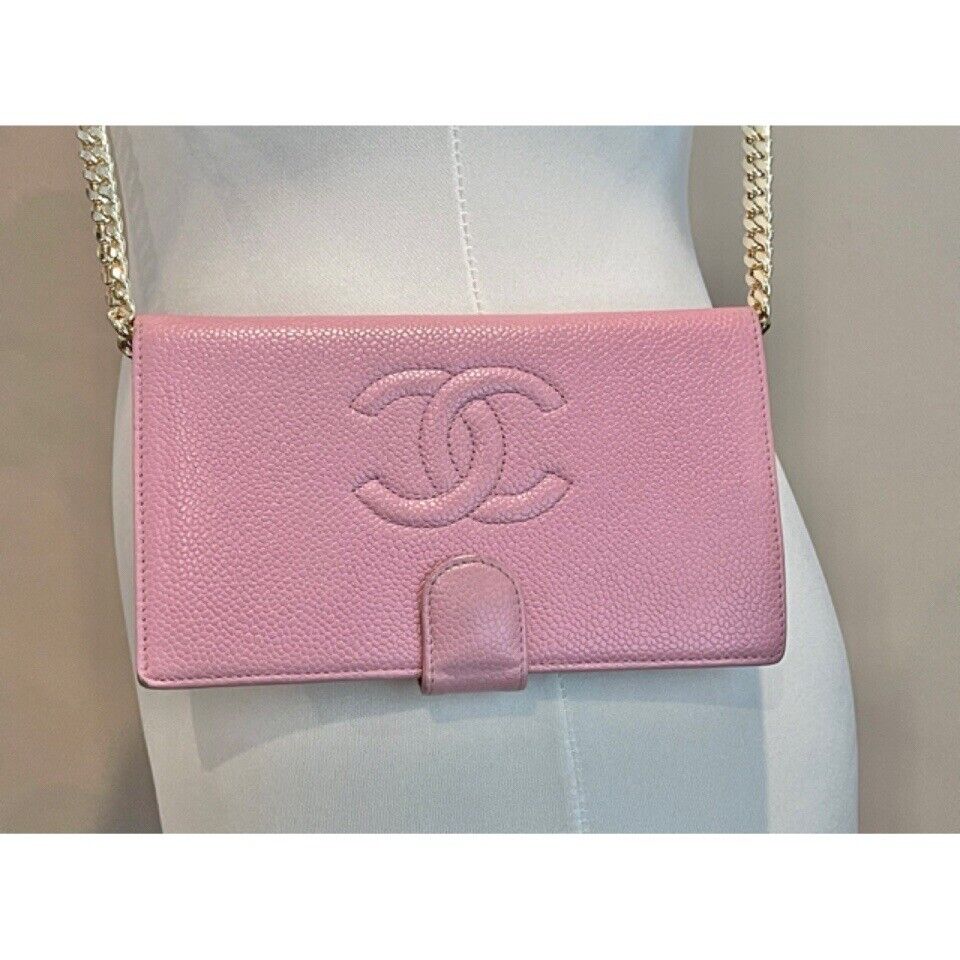 ✨Authentic CHANEL CC Logo Pink Caviar Wallet On Chain WOC Clutch