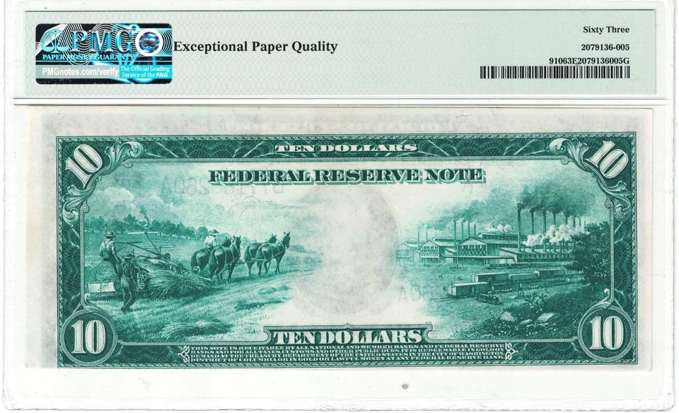 1914 $10 LARGE SIZE FRN New York FR910 PMG 63 Choice Uncirculated EPQ - Image 2 of 2