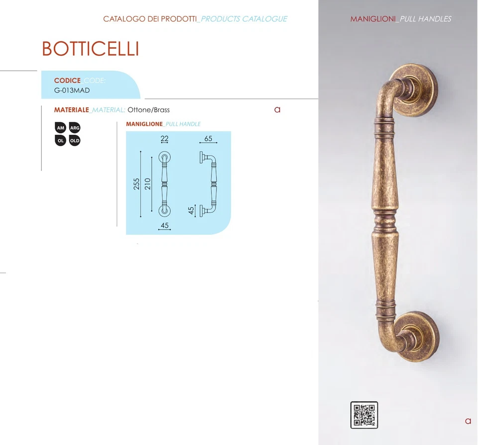 Maniglione diritto per porta Botticelli in Ottone - quattro diverse finiture - Immagine 2 di 2