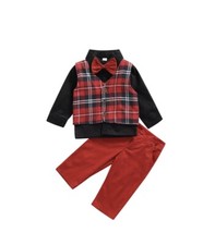 4Pcs Little Boys Outfit Fall Toddlers Red Plaid Vest Long Sleeve Lapel Shirt Bow