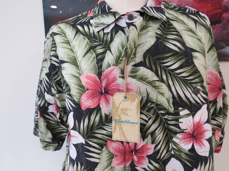 Caribbean Cotton Hawaiian Shirt XL 53" Chest Green/Black/Pink NWT $69.50