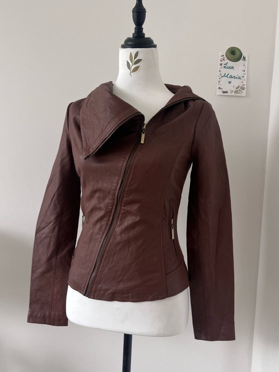 ONLY Brown Real Leather Asymmetrical Zip Hooded Jacket Vintage Y2K