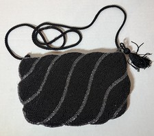 Hand Beaded Purse Black and Silver Evening Bag with Black Rope Strap Vintage