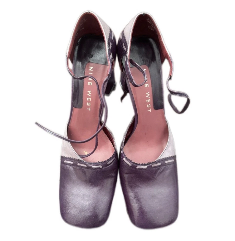 Zapatos de salón Nine West Hudson de cuero púrpura con tacón ancho - punta cuadrada con cordones vintage Foto 4 de 4