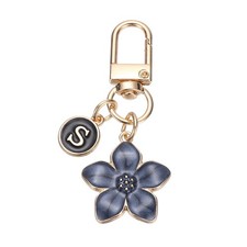 Cute Flower Keychain Letter-S Initial Keychain Charm for Women Black 