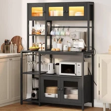Bakers Rack with Power Outlet and LED Light, 45.3 Inch Microwave Stand with S...