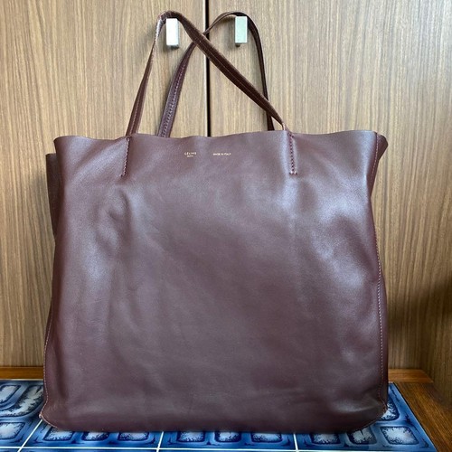 CELINE Horizontal Cabas Tote Shoulder Bag Leather Bordeaux Used W/Dust bag