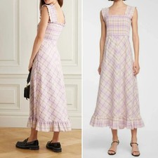 Ganni Dress Womens 8/10 Pink Seersucker Plaid Ruffle Preppy Feminine