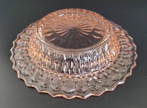 VINTAGE PINK DEPRESSION ORIGINAL COVERED GLASS BUTTON BOW BUTTER DISH - Picture 5 of 11