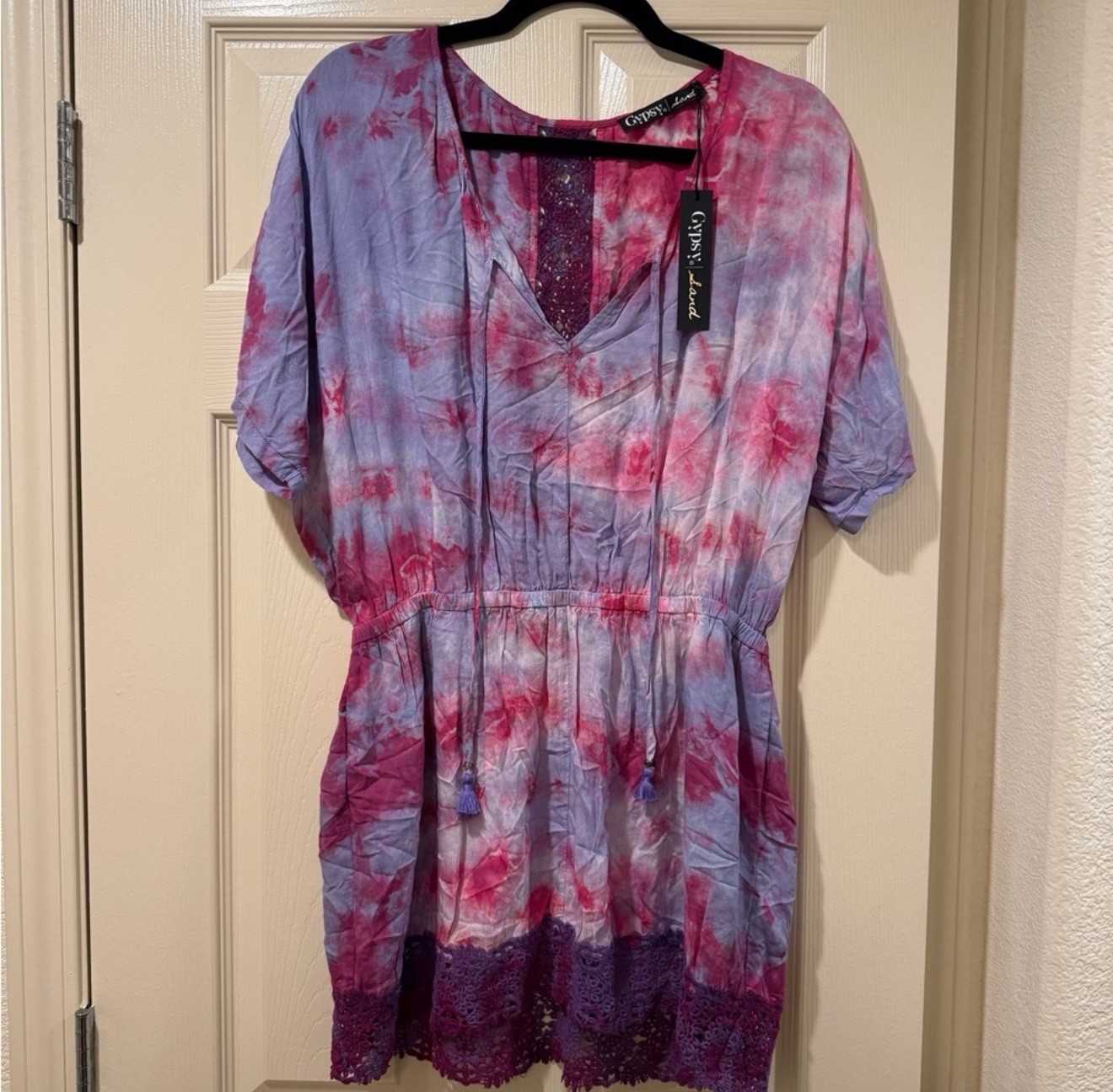 Gypsy 05 Purple and Pink Short Sleeve Tie Front Dress Size Medium