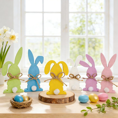 6Pcs Easter Wooden Colorful Bunny Table Signs Pastel Rabbit Decor with Jute Rope