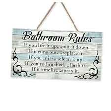 Front Door Sign, Funny Wood Hanger Toilet Restroom Home Decor, Bathroom Rules