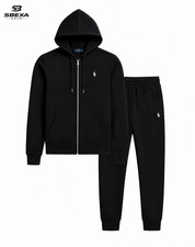 Mens Black Polo Style Fleece Tracksuit Zip Hoodie Sweatpants Set Active Gymwear